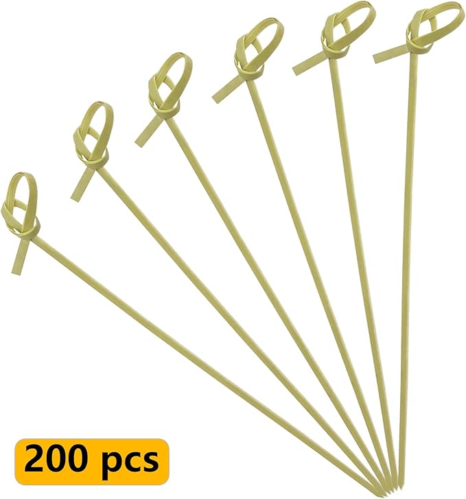 BLUE TOP Bamboo Cocktail Picks 200 PCS Bamboo Skewers 4 Inch with Looped Knot, Food Picks,Party Toothpicks for Appetizers,Cocktail Drinks,Barbecue Snacks,Club Sandwiches.