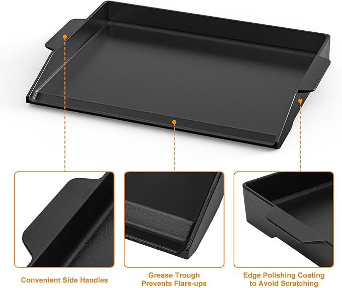 Onlyfire Universal Cast Iron Cooking Griddle, Pre-Seasoned Nonstick Coating Griddle Flat Top Grill Plate with Extra High Sidewalls for All Gas Grills and 4 Burner Range Oven, 23" x 16"