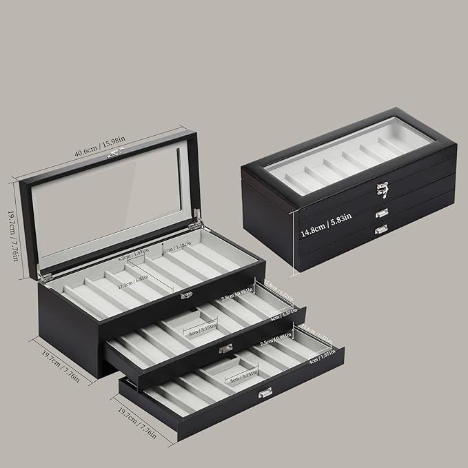 AUTOARK 3-Tier PU Leather & Velvet Knife Organizer with 26 Slots,Transparent Glass Top & Drawer,Compact Storage for Pocket Knives,Ideal for Men's Collections & Gifts,Black,MKAW016