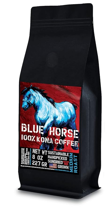 Blue Horse 100% Kona Coffee, Medium Roast, Arabica Whole Beans, 8 oz Bag, Farm Fresh, Authentic Hawaiian Coffee from the Big Island
