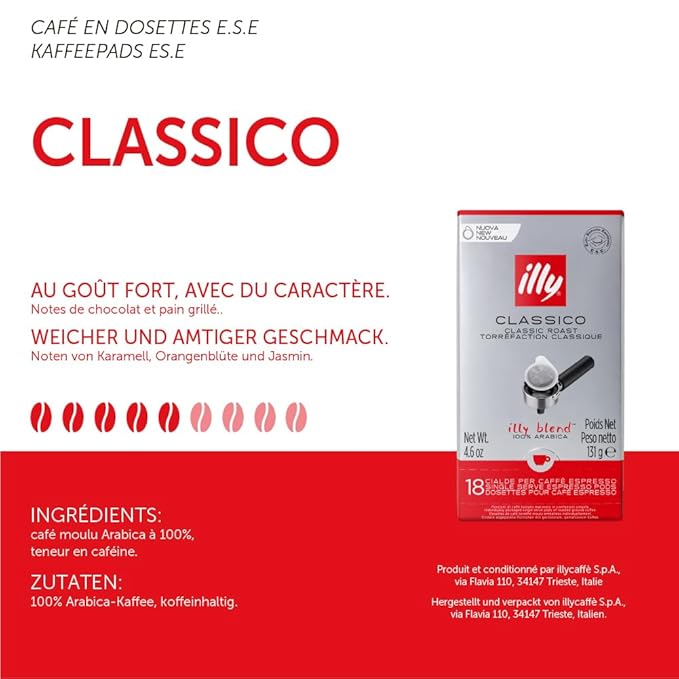 illy E.S.E. Coffee - Single-Serve Pods – Classico Medium Roast - Notes Of Chocolate & Caramel - For E.S.E Machines - Extraordinary Aroma & Body – 18 Count