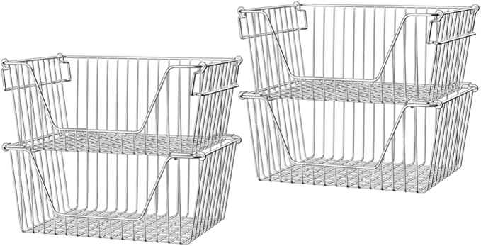 Slideep Large Stackable Storage Baskets Cabinet Organizer Sturdy Metal Wire Pantry Freezer Bin for Pantry Home Bathroom Kitchen Organization 4 Packs