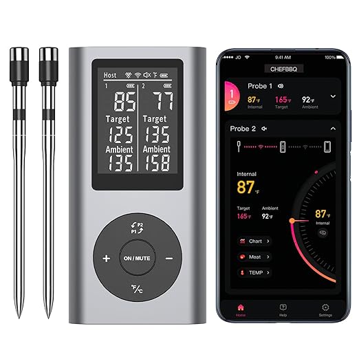 Wireless Meat Thermometer with 2 Probes & 800Ft Range - Smart Bluetooth BBQ Grill Thermometer with Standalone Base, NIST Certified ±0.5°F Accuracy, Backlit Display for Oven, Smoker, Kitchen Cooking