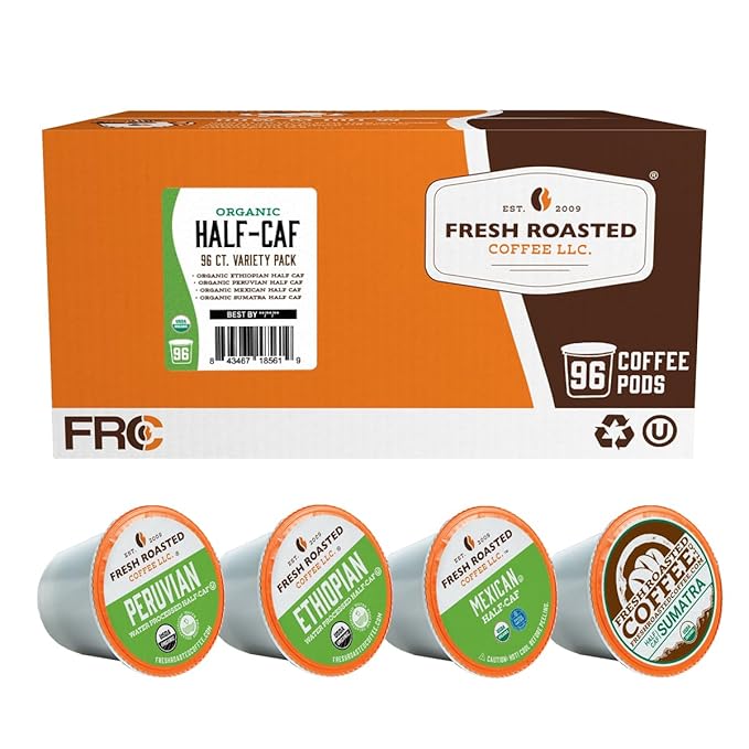Fresh Roasted Coffee, Organic Water-Processed Half-Caf Variety Pack | USDA Organic, Kosher | K-Cup Compatible, 96 Pods