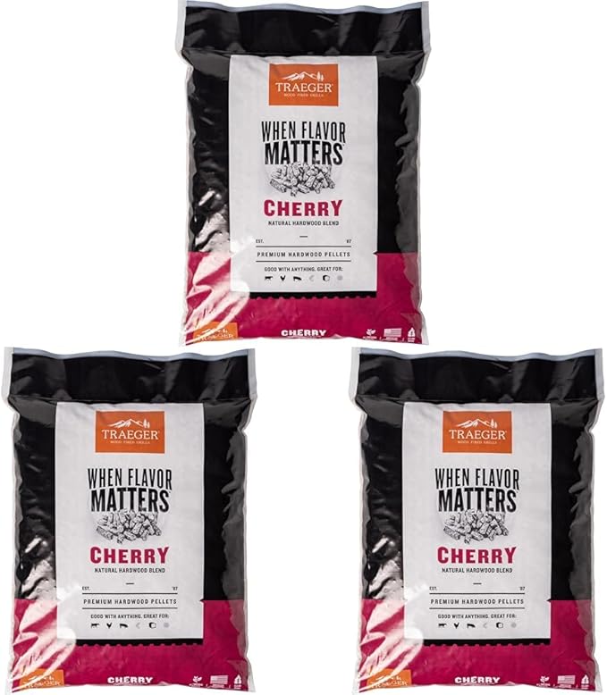 Traeger Grills Cherry 100% All-Natural Wood Pellets for Smokers and Pellet Grills, BBQ, Bake, Roast, 18 lb. Bag (Pack of 3)