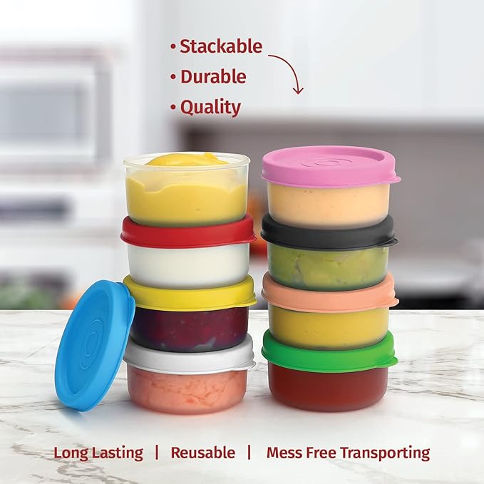 Condiment Cups Containers with Lids- 8 pk. 1.3 oz.Salad Dressing Container to go Small Food Storage Containers with Lids- Sauce Cups Leak proof Reusable Plastic BPA free for Lunch Box Picnic Travel