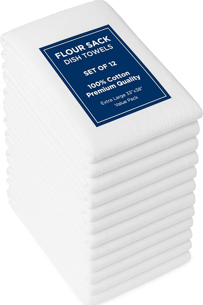 ROYALE LINENS Flour Sack Towels – 12 Pack 33x38 Inch White Kitchen Dish Towels – 100% Cotton Tea Towels for Bread Proofing, Cheese Straining, Baking, Cleaning, Drying, Embroidery, Multipurpose Use