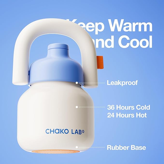 CHAKO LAB Water Bottle with Straw and Carry Handle | Wide Mouth vacuum insulated stainless steel Bottles | Reusable, leak-proof and BPA-free | 33oz(White&Blue)