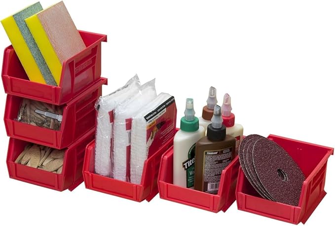 Akro-Mils 30210 AkroBins Plastic Storage Bins, Space-Saving Stackable Bins for Garage, Pantry, Craft Organization, 5-Inch x 4-Inch x 3-Inch, Red, 6-Pack