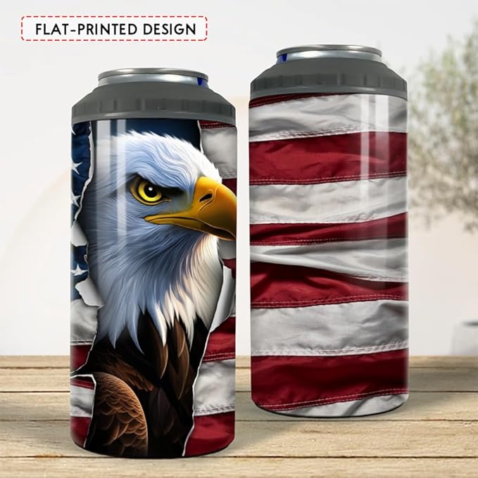 SANDJEST Eagle Tumbler American Flag 4 in 1 12oz Can Cooler Coozie Skinny Stainless Steel Tumbler Gift for Men Dad Father Travel Veteran Day 4th of July
