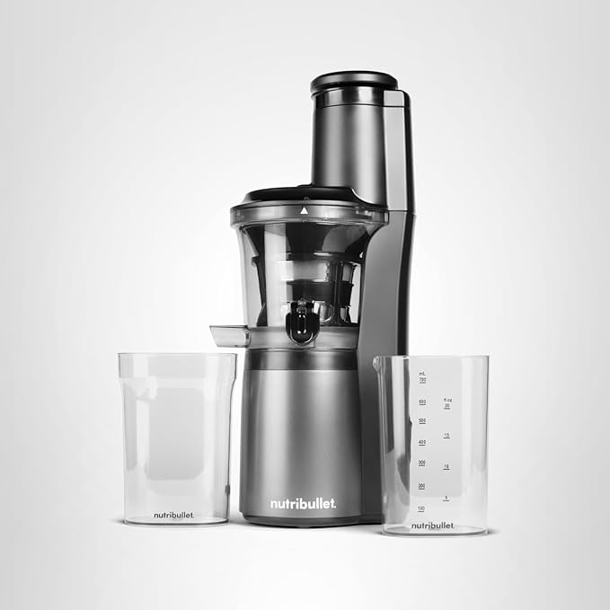 nutribullet Slow Juicer, Slow Masticating Juicer Machine, Easy to Clean, Quiet Motor & Reverse Function, BPA-Free, Cold Press Juicer with Brush, 150 Watts, Charcoal Black, NBJ50300, 24-oz
