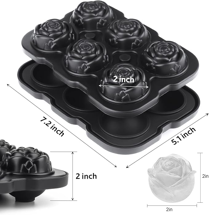 Ice Cube Tray, Mikiwon 2 inch Rose Ice Cube Trays With Covers, 6 Cavity Silicone Rose Ice Ball Maker, Easy Release Large Ice Cube Form for Chilled Cocktails, Whiskey, Bourbon & Homemade Juice Black