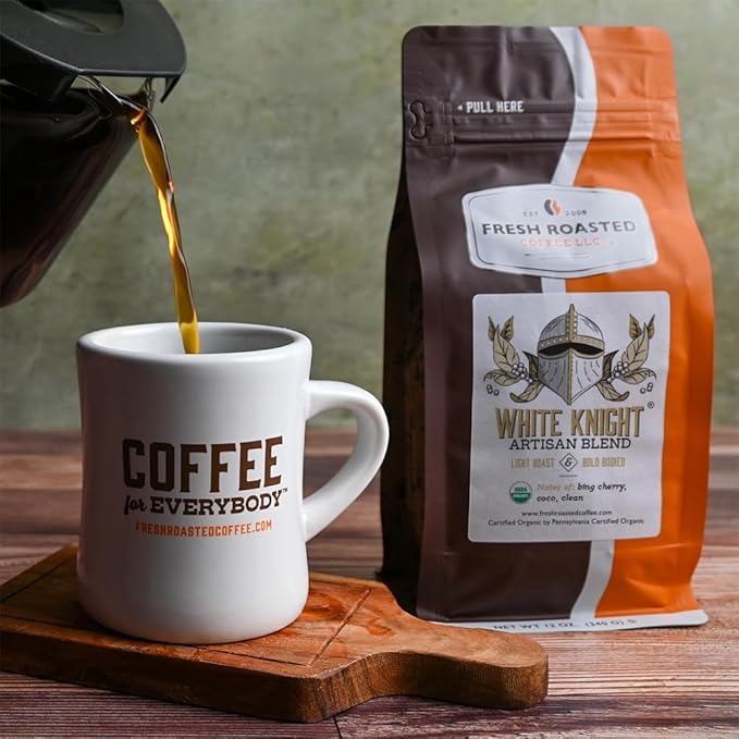 Fresh Roasted Coffee, Organic White Knight | USDA Organic, Kosher | Light Roast 12 oz, Whole Bean