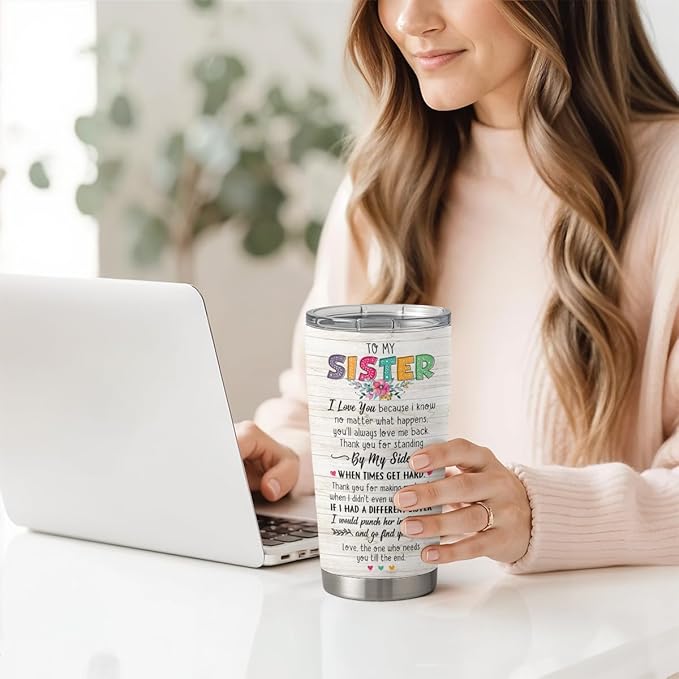 SANDJEST Sister Gifts - Sister Stainless Steel 20oz Tumbler, Insulated Travel Mug, Gifts for Birthday, Christmas, Women, Girls, Best Friends
