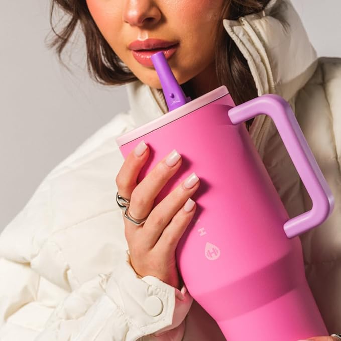 HydroJug Traveler - 40 oz Water Bottle with Handle & Flip Straw - Fits in Cup Holder, Leak Resistant Tumbler-Reusable Insulated Stainless Steel & Rubber Base - Gifts for Women & Men, Pink Sugar