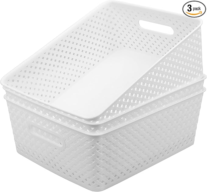 MaxGear Organization and Storage 3 Packs, Plastic Bins Organizer Bins, Woven Baskets for Storage, Plastic Baskets with Handles, White Basket for Organizing, Basket Organizer for Home and Office, Large