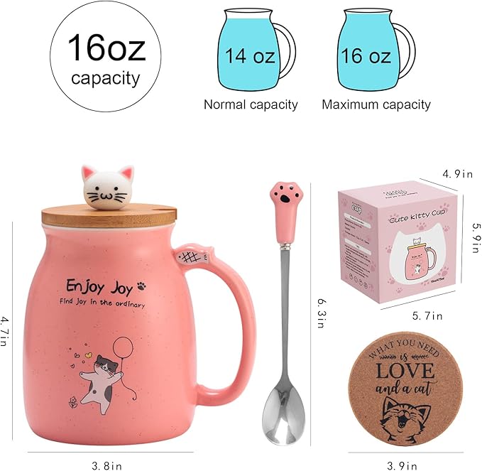 Bgbg Novelty Cat Mug Cute Ceramic Coffee Cup with Kawaii Wooden Kitty Lid, Lovely Claw Spoon, Anime Wooden Coaster, Pink Birthday Mug Gift for Cat Lovers Girl Kids Women 480ML (Pink)