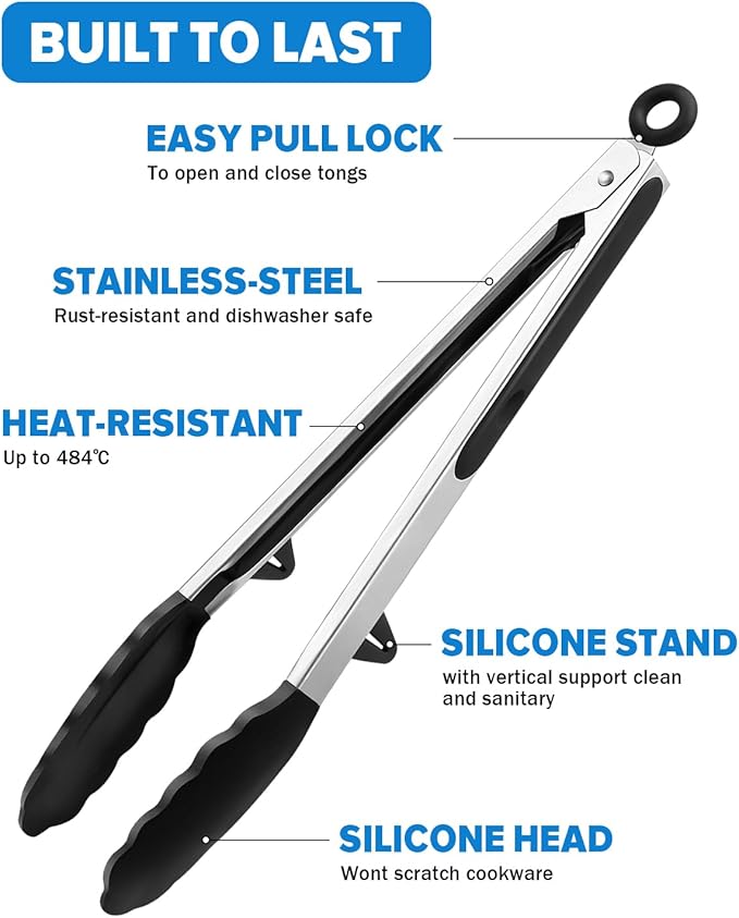 Kitchen Tongs for Cooking, 12 Inch Non Scratch Silicone Tip for Nonstick Cooking Pans, Food Grade Mini Serving Tongs, Pull Lock, Set of 3, Black