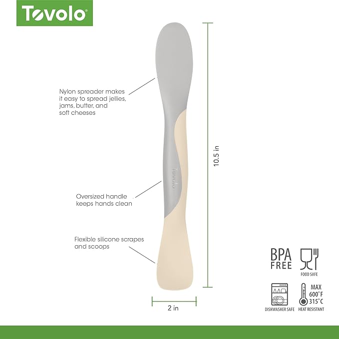 Tovolo Scoop and Spread Large Dual End Silicone Sandwich Spreader Tool with Nylon Handle, BPA Free Dishwasher Safe Silicone and Nylon Tool for Spreading and Scooping, Oatmeal and Oyster Gray