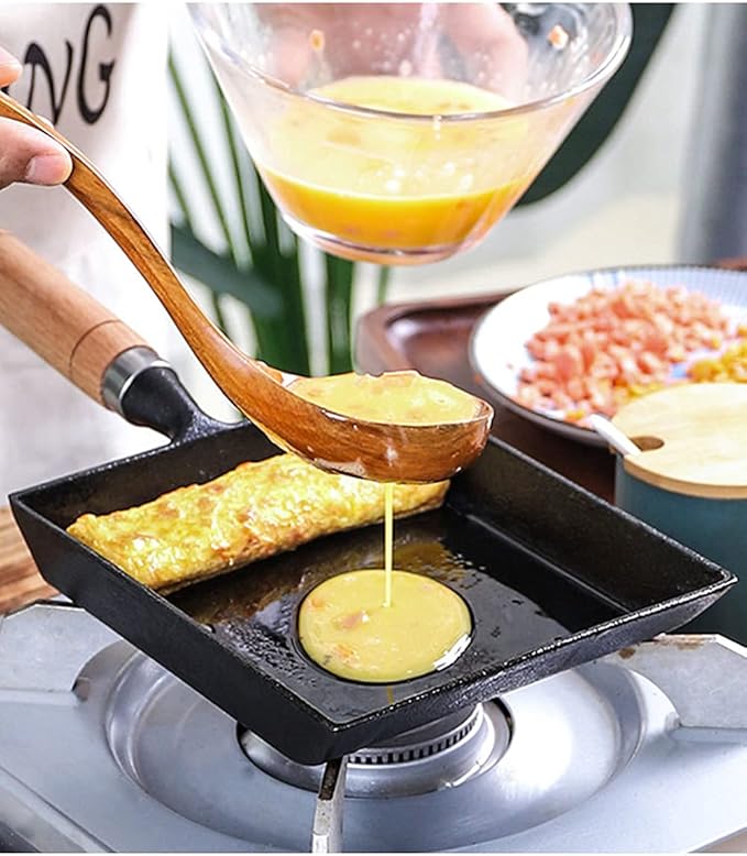 LI-GELISI Pre-Seasoned Cast Iron Tamagoyaki Pan - 9x7 Inch Japanese Rolled Omelet Pan, Non-Stick & Rust-Resistant, Ready to Use with Wood Handle, Works on All Stovetops, Camping & Kitchen