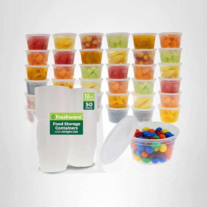 Freshware Food Storage Containers [50 Set] 12 oz Plastic Deli Containers with Lids, Slime, Soup, Meal Prep Containers | BPA Free | Stackable | Leakproof | Microwave/Dishwasher/Freezer Safe