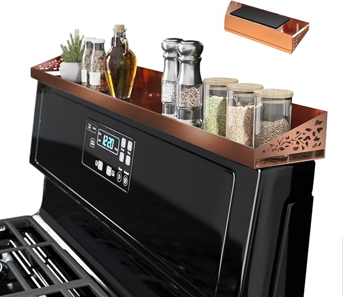 30" Magnetic Stove Top Shelf – Brushed Copper Spice Rack and Seasoning Organizer – Kitchen Shelf for Back of Stove – Over Stove Rack and Storage Organizer