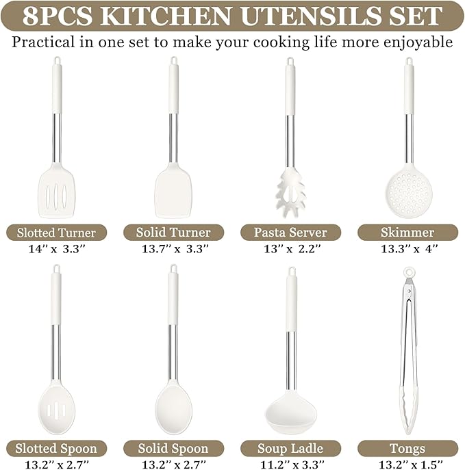TeamFar Kitchen Utensils, 8PCS Cooking Silicone Utensils Kitchen Tool Kit with Stainless Steel Handle, for Nonstick Cookware Cooking Stirring Turning, Food Grade & Heat Resistant, Dishwasher Safe