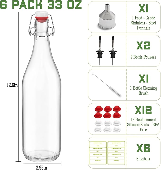 6 Pack [1 Liter / 33 fl. oz.] Swing Top Glass Bottles – Airtight Flip Top Brewing Bottles for Kombucha, Beer, Wine, Kefir, Soda, Liquor – Includes Funnel, 2 Pourers, 6 Seals, 8 Labels & Jute Twine