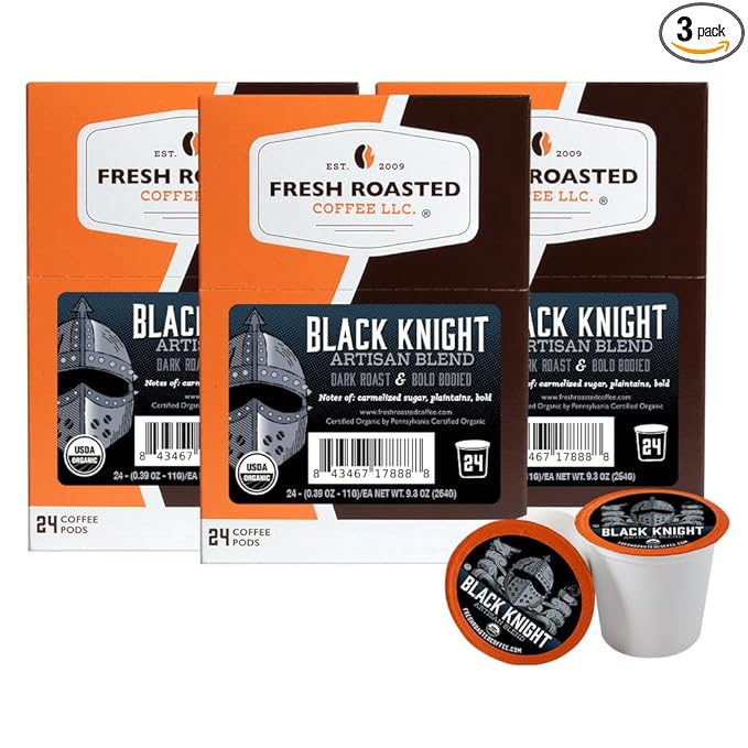 Fresh Roasted Coffee, Organic Black Knight | USDA Organic, Kosher | Dark Roast 72 Pods for K Cup Brewers