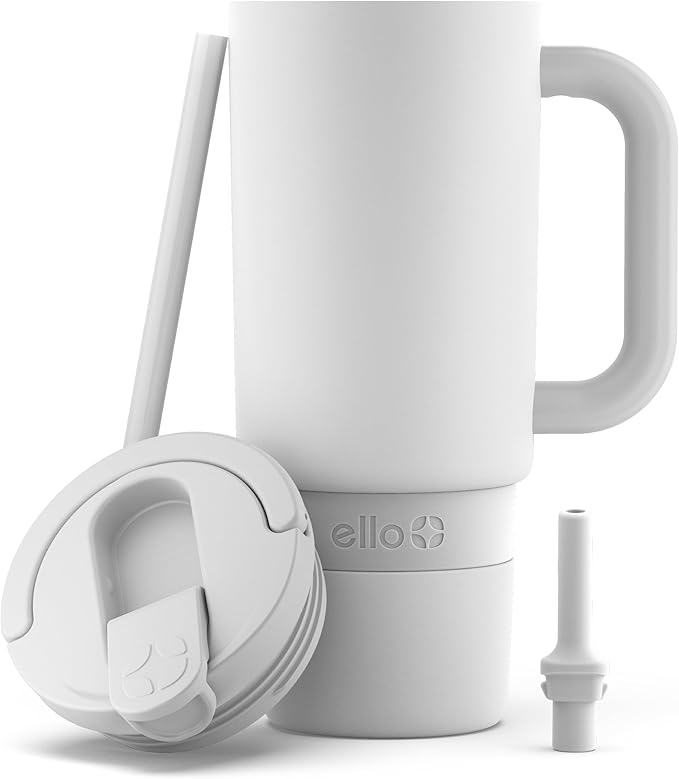 Ello Port 30oz Tumbler with Carry Loop & Integrated Handle | Vacuum Insulated Stainless Steel Reusable Water Bottle Travel Mug | Leak Proof Lid | Flexible Straw | BPA-Free | Dishwasher Safe | White