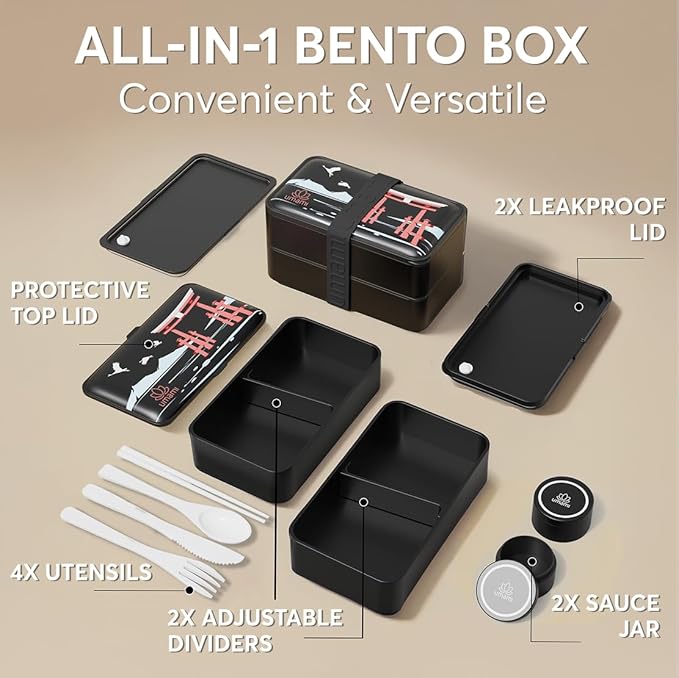 Umami Bento Box Adult All-In-1 w/4 Utensils, 2Sauce Jars, 2 Dividers, 100% Leakproof, Microwave & Dishwasher Safe, Stackable Bento Lunch Box Containers for Men/Women, Matte Black - Miyajima, 40 oz