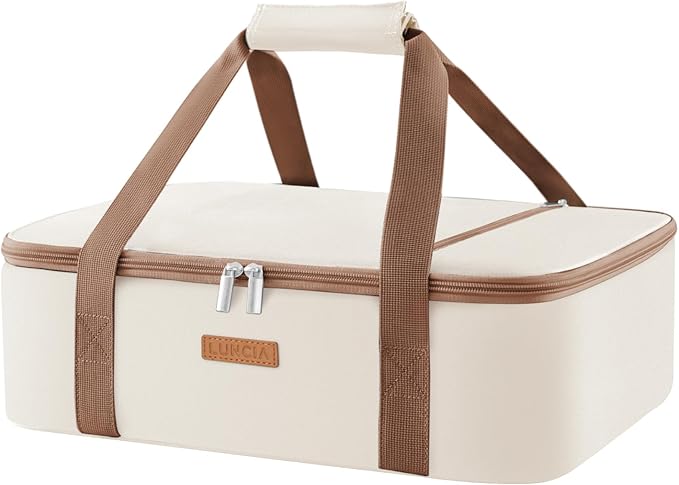 LUNCIA Insulated Casserole Carrier for Hot or Cold Food, Lasagna Lugger Tote for Potluck Parties/Picnic/Cookouts, Fits 9"×13" Baking Dish, Cream