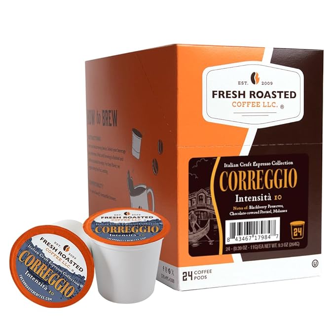 Fresh Roasted Coffee, Correggio Italian Craft Artisan Blend, Dark Roast, Kosher, 24 Pods for K cup Brewers
