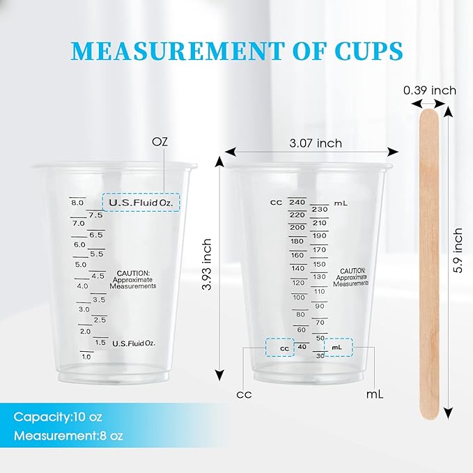 100 PACK Plastic Measuring Cups, 10 oz Disposable Mixing Cups with 100 Wooden Mixing Sticks, Can Be Used for Epoxy Resin, Liquid Measuring, Paint, Cooking and Baking