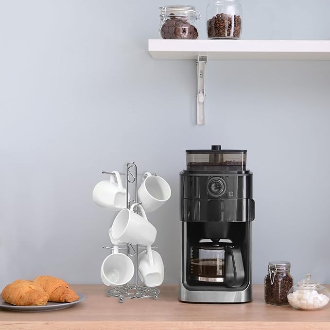 Blue Donuts Farmhouse Coffee Mug Rack, Coffee Mug Tree for 6 Mugs, Coffee Cup Holders for Counter, Chrome Coffee Cup Holder Countertop Organizer for Kitchen, Vintage Mug Rack