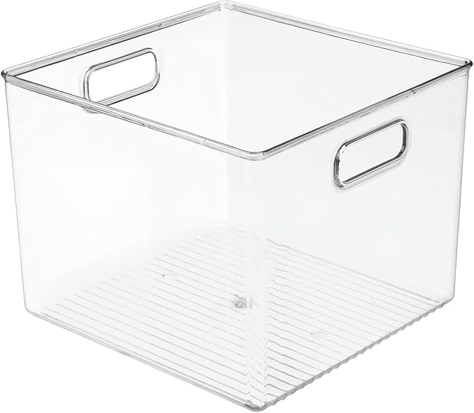 mDesign Small Modern Plastic Storage Organizer Bin Basket with Handles for Home Closet Organization - Shelf, Cubby, Cabinet, and Cupboard Organizing Decor - Ligne Collection - Clear