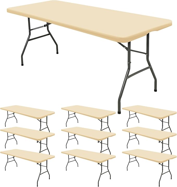10 Pack Fitted Tablecloth for 6 Foot Rectangle Tables, Beige Elastic Outdoor Picnic Table Cover, Washable Stretch Folding Table Cloths 6 ft for Camping Party Patio Kitchen Banquet, 30" W x 72" L