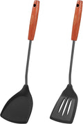 FJNATINH Silicone Spatulas and Turner Set - Stainless Steel Wok Tools, Wok Utensil, Non Stick Turners, Heat Resistant Rubber Spatulas for Fish, Eggs, Pancakes, Wok, Black of 2