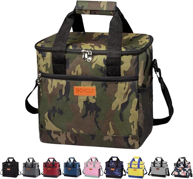 Iknoe Large Cooler Bag Collapsible 24 Can Insulated Bags Leakproof Lunch Cooler Tote with Multi-Pockets for Adult Insulated Thermal Bag for Beach, Picnic, Office Work(Camo)