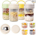 4 Pack Overnight Oats Containers with Lids and Handles, Folding Spoons & Divided Compartments for Fruit & Nuts, 16oz Glass Mason Jars for Oatmeal, Meal Prep & Breakfast (Blue/Green/Yellow/Green)