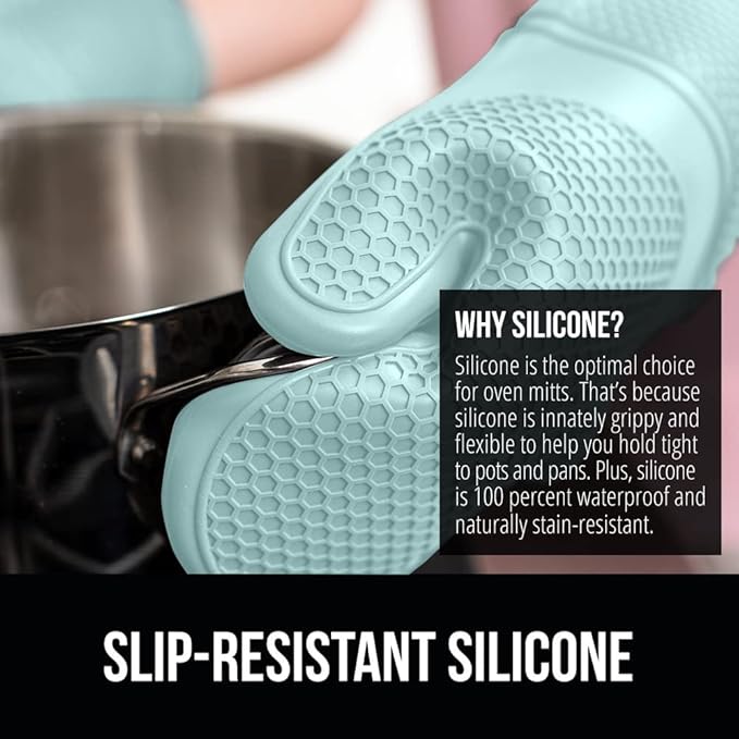 GORILLA GRIP BPA-Free Soft Silicone Oven Mitts, 14.5x8.3, Heat Resistant and Waterproof Cooking Gloves, Thick Cotton Lining, Flexible Gripping for Baking Grilling, Kitchen Potholders Set of 2, Mint