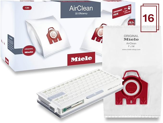 Miele Original Performance Pack for Miele Compact C1/C2 and S6/S4 Models, Includes 16 AirClean 3D Efficiency FJM Vacuum Cleaner Bags and 1 HA50 HEPA AirClean Filter – 10512520