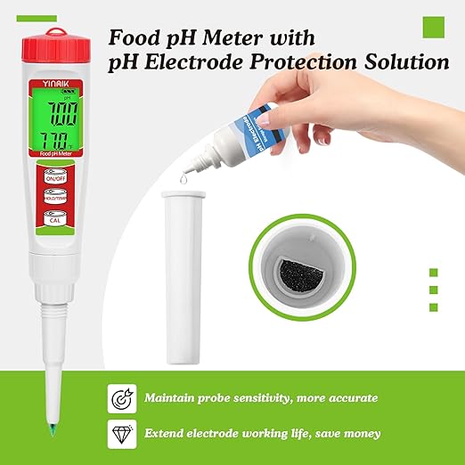 Digital Food pH Meter YINMIK pH Meter Food Fermentation with Calibration Solution Kit pH Test Strips for Food Spear Tip pH Meter Probe for Dough Sushi Rice Fermenting Sausage Meat Soap Cheese …