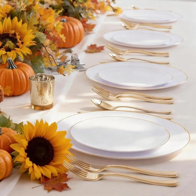 KIRE 60PCS Gold Plastic Plates - Thanksgiving Heavy Duty White Disposable Plates with Gold Rim for Party/Wedding- Include 30Pieces 10.25inch Dinner Plate and 30Pcs 7.5inch Dessert Plate