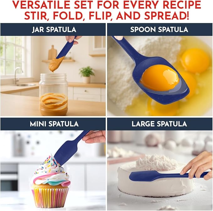 4-Piece Blue Baking Spatula Set - Holiday Baking Essentials, Rubber Spatulas Silicone Heat Resistant, BPA-Free - Spatula Set for Nonstick Cookware - Silicone Baking Utensils
