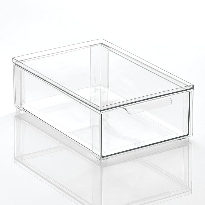 mDesign Plastic Pantry Organization and Storage Bin w/Pull Out Drawer - Shallow Stackable Kitchen Supplies Storage Container for Organizing Cabinet, Fridge, Freezer - Lumiere Collection - Clear