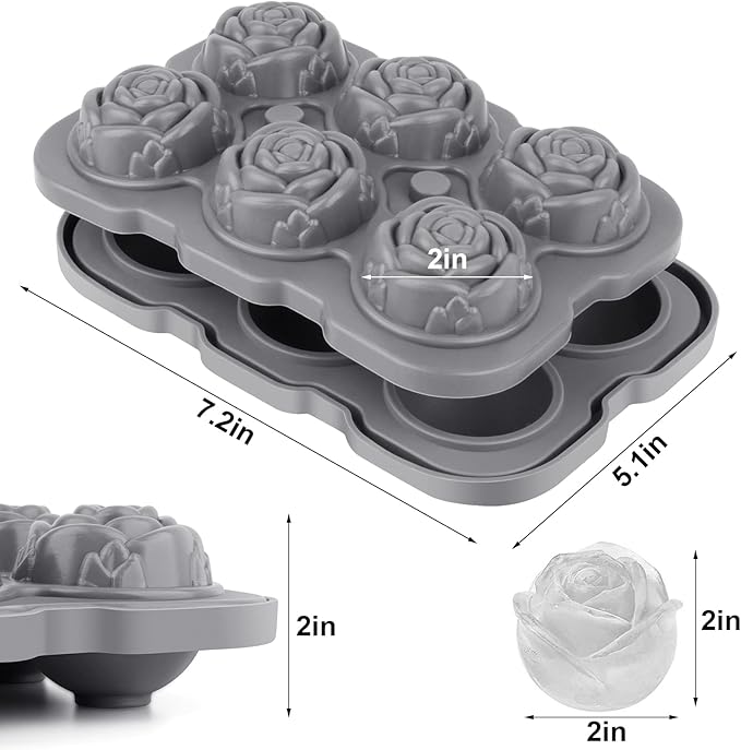 Ice Cube Tray, Mikiwon 2 inch Rose Ice Cube Trays With Covers, 6 Cavity Silicone Rose Ice Ball Maker, Easy Release Large Ice Cube Form for Chilled Cocktails, Whiskey, Bourbon & Homemade Juice
