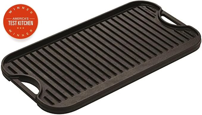 Lodge 20 x 10.44 Inch Pro-Grid Reversible Cast Iron Grill/Griddle – Double Burner Cookware, Pre-Seasoned, Non-Toxic, Made in USA, For Stovetop, Oven, Grill & Campfire
