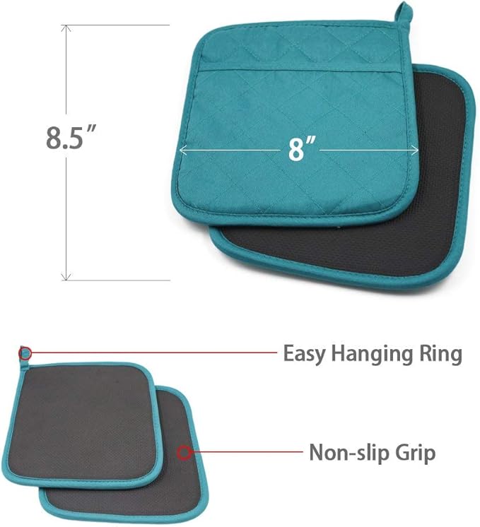 Cotton and Neoprene Oven Pads Pot Holders with Pocket 8"x8.5" Dual-Function Hot Pad Set for Finger Hand Wrist Protection Heat Resistant to 428°F Teal