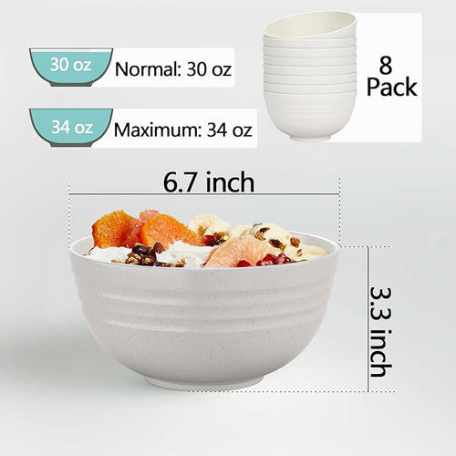 (Non Ceramic) 34 Ounce Cereal Bowls,Unbreakable Wheat Straw Fiber Bowl Set of 8, Microwave & Dishwasher Safe, Lightweight and Eco-Friendly Kitchen Bowls for Cereal, Salad, Soup, Snacks - BPA Free